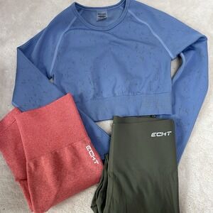Echt Legging & Long Sleeve Crop Top Lot Of 3 Green Pink Blue Seamless EUC Medium